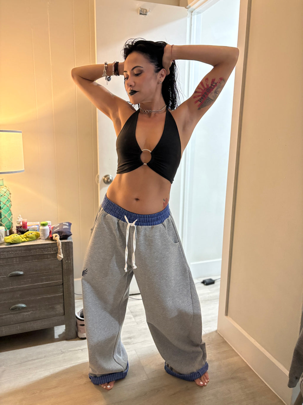 Blue Plaid Waistband Barrel Sweatpants