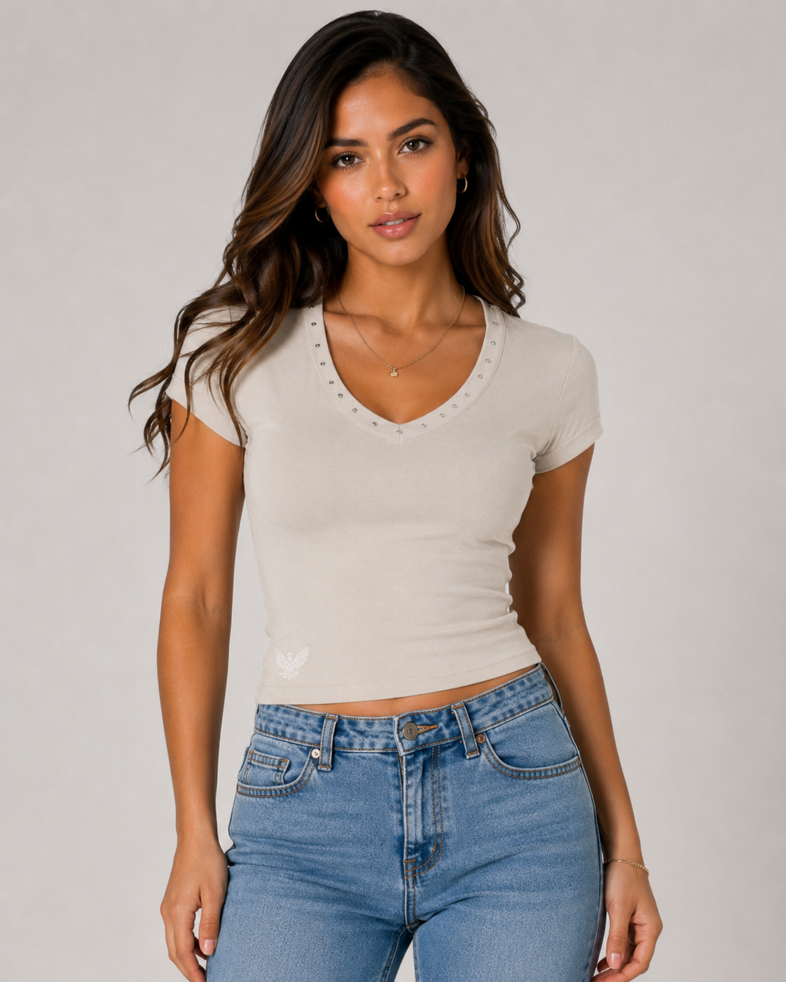 Ember Hand-Embellished Essential V-Neck Bodycon T-Shirt