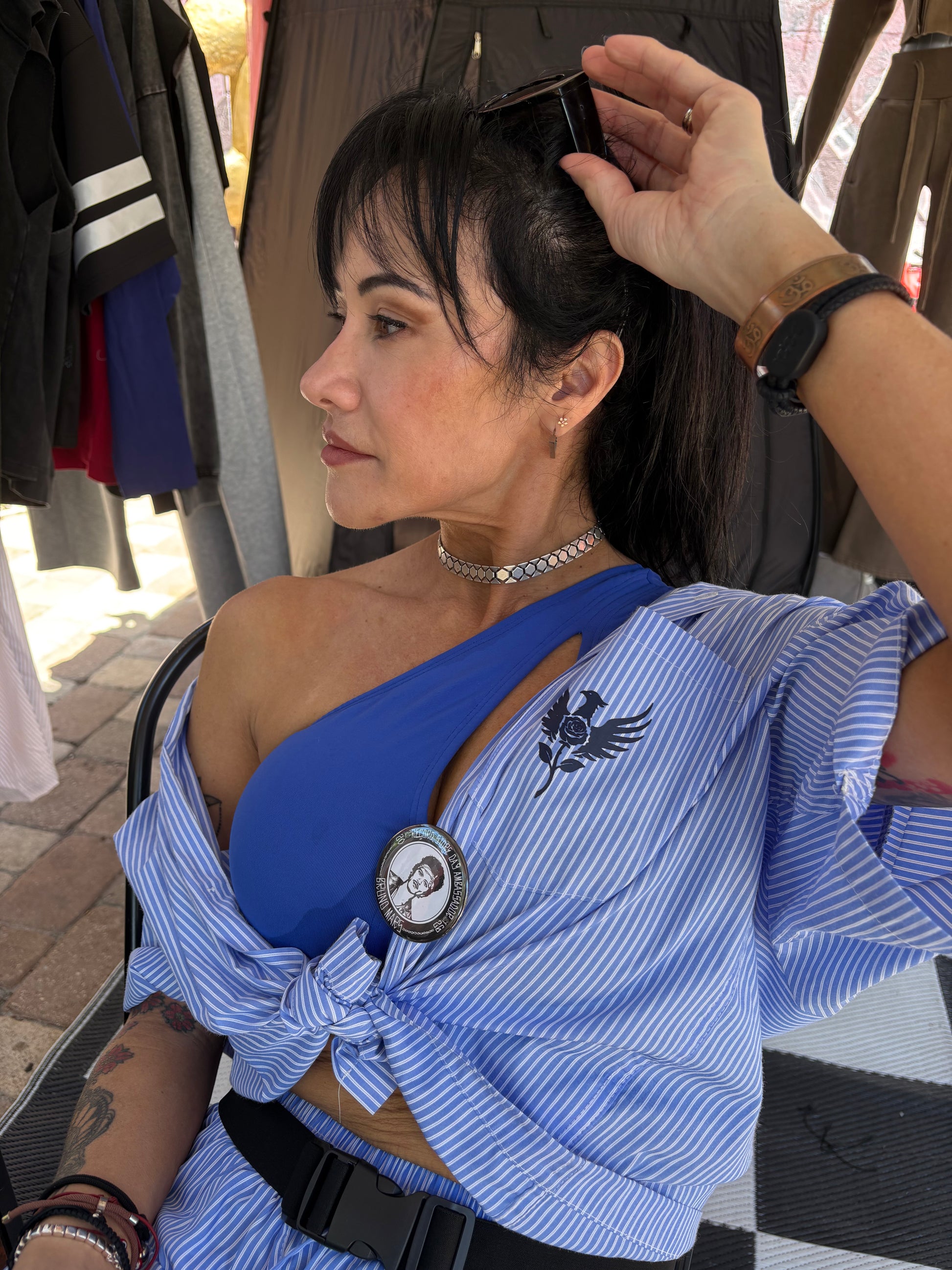 Blue Phoenix Rose Break Free Empire Oversized Vertical Stripe Boxy Shirt