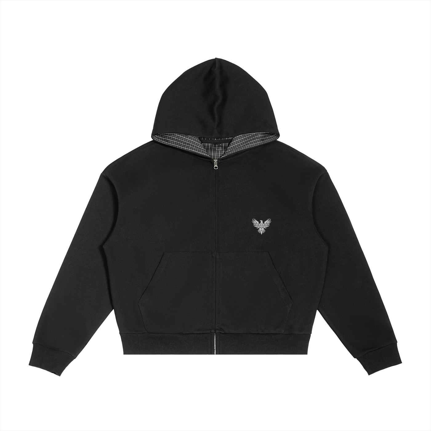 Gray Phoenix Contrast Plaid Boxy Zip Hoodie