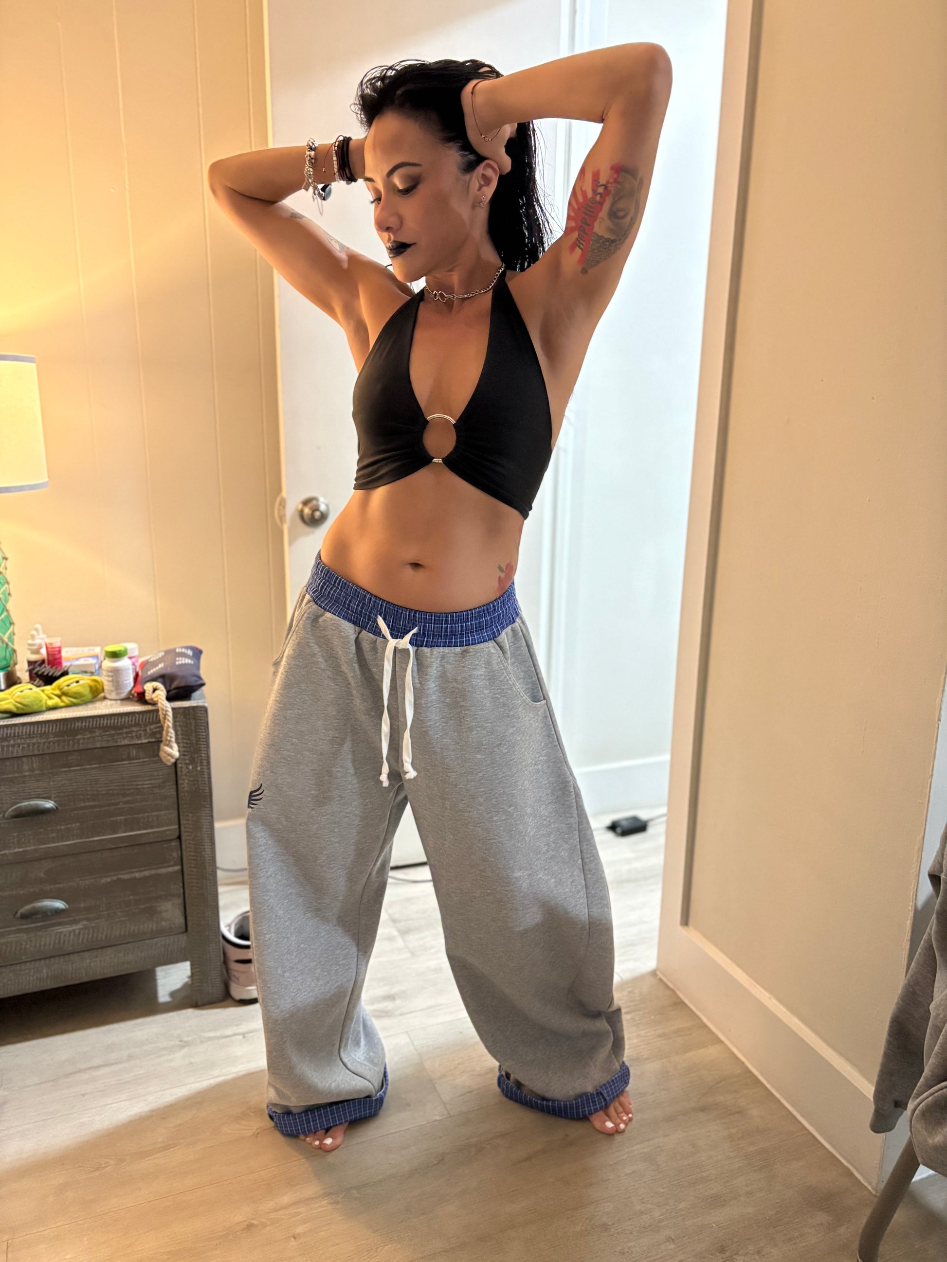 Blue Plaid Waistband Barrel Sweatpants