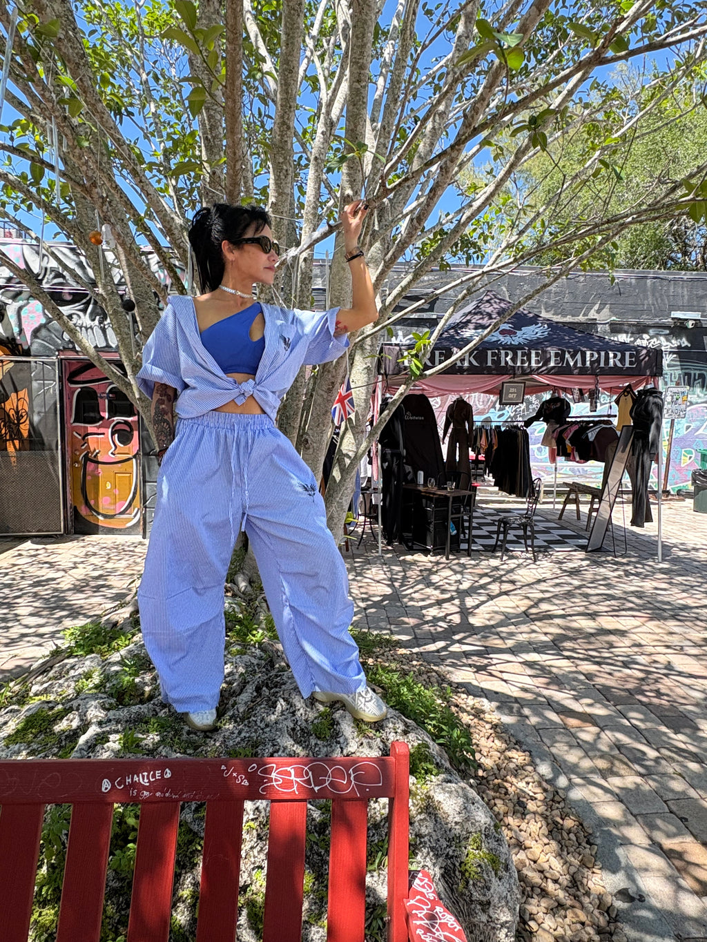 Blue Phoenix Rose Vertical Stripe Drawstring Barrel Pants - Blue Phoenix