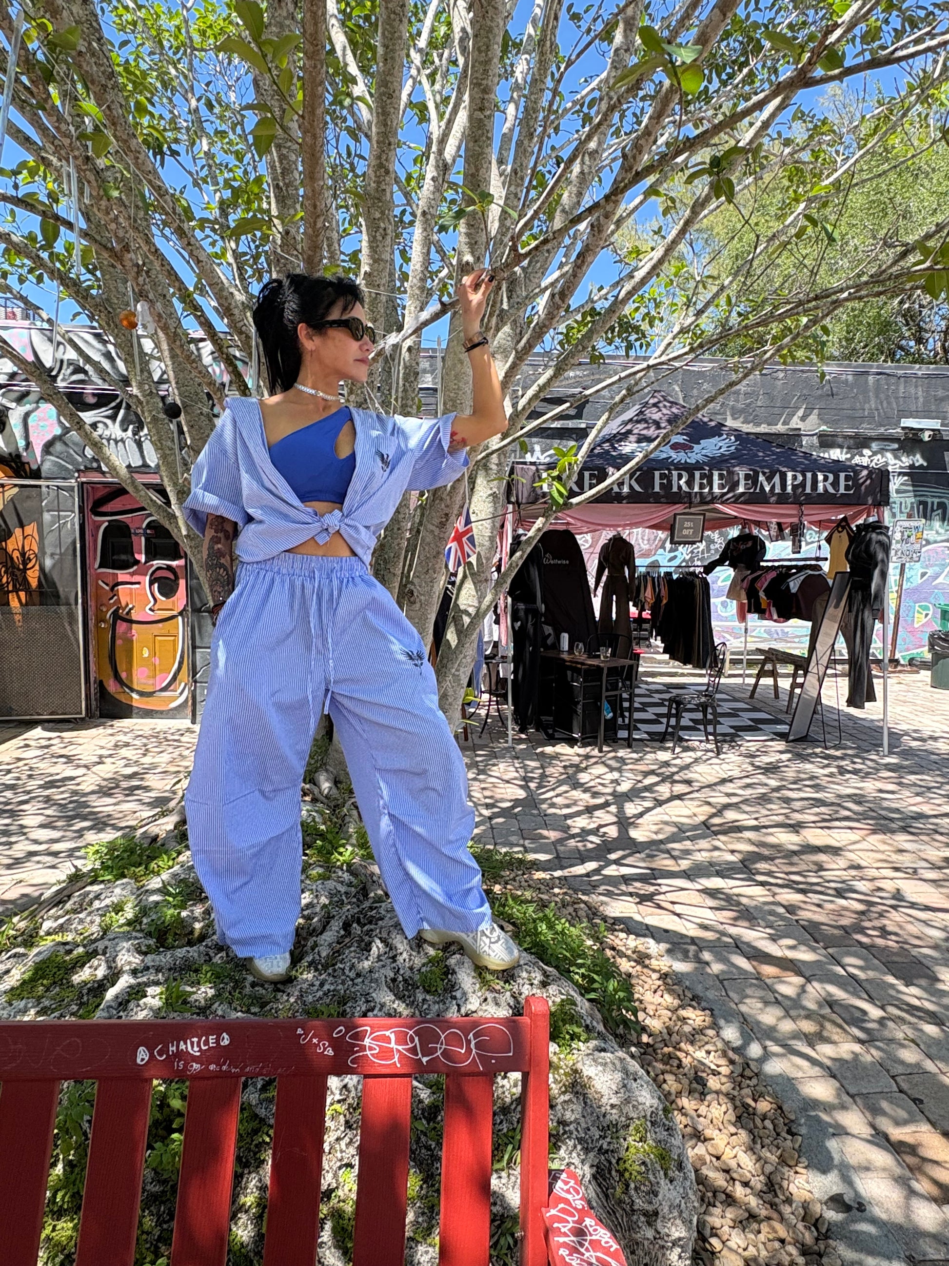 Blue Phoenix Rose Vertical Stripe Drawstring Barrel Pants - Blue Phoenix