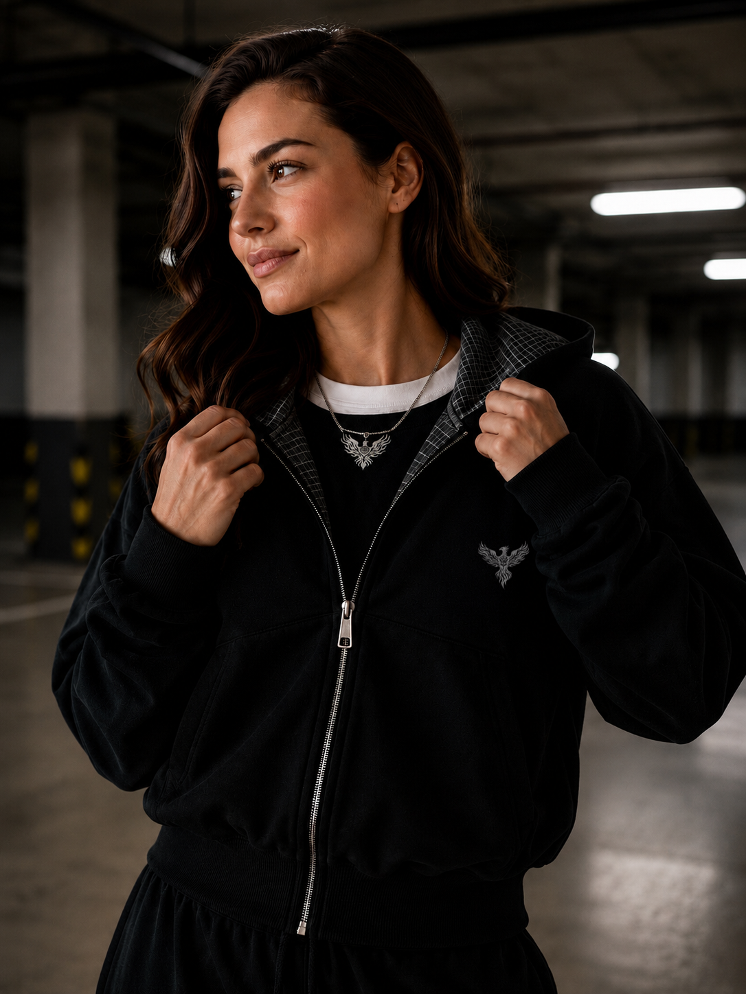 Gray Phoenix Contrast Plaid Boxy Zip Hoodie