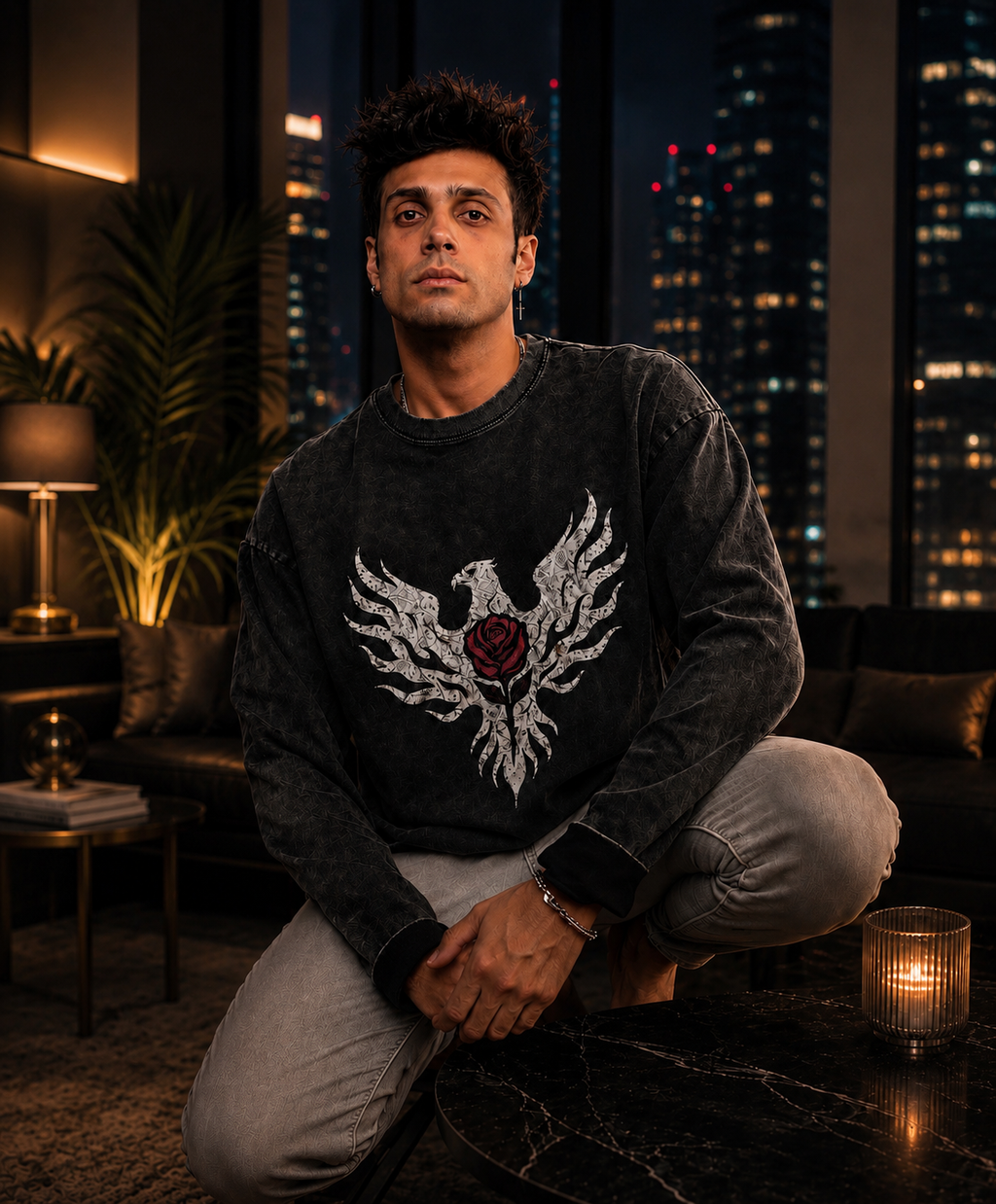 Phoenix Rose Acid Wash Oversize Long Sleeve T-Shirt