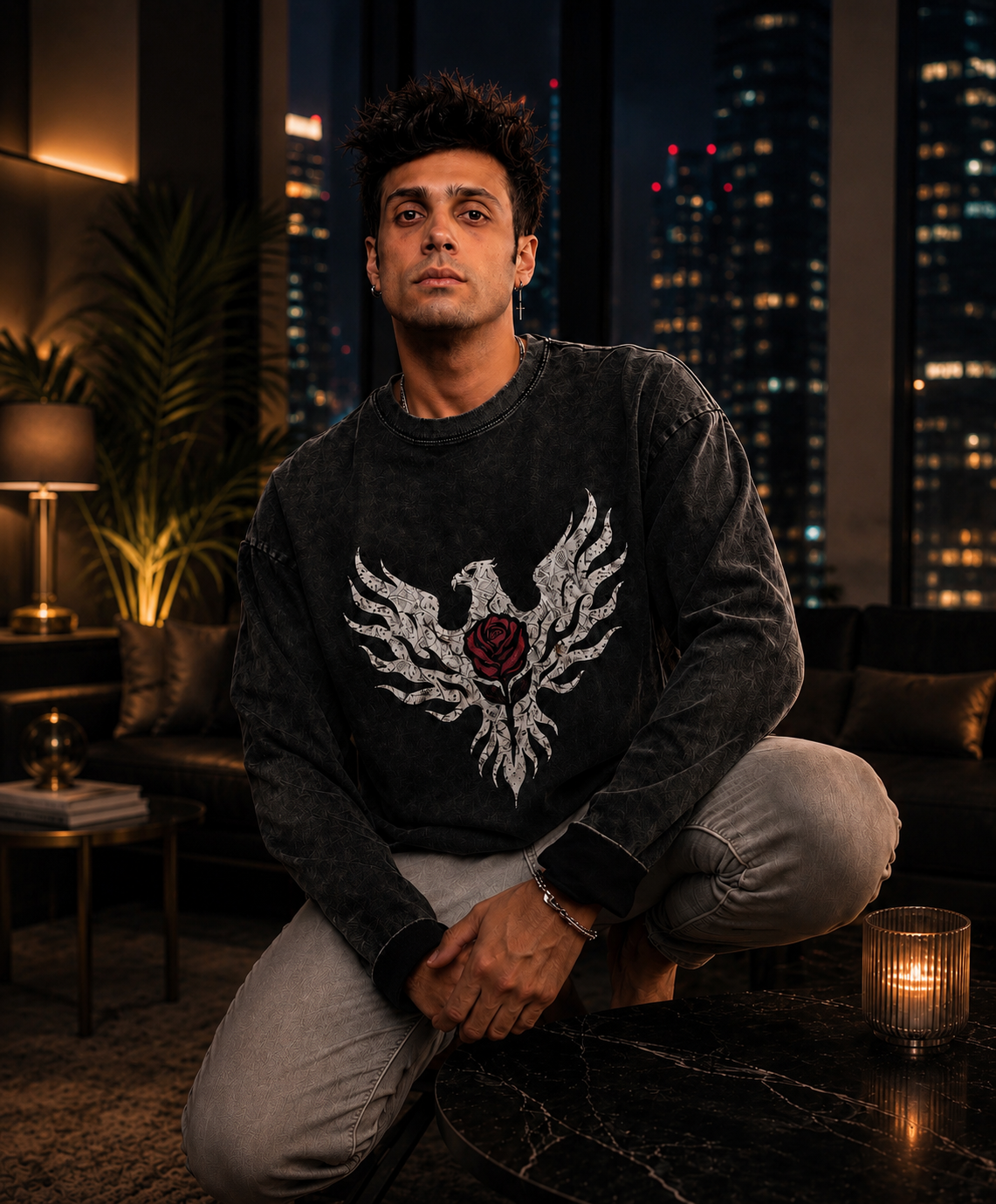 Phoenix Rose Acid Wash Oversize Long Sleeve T-Shirt