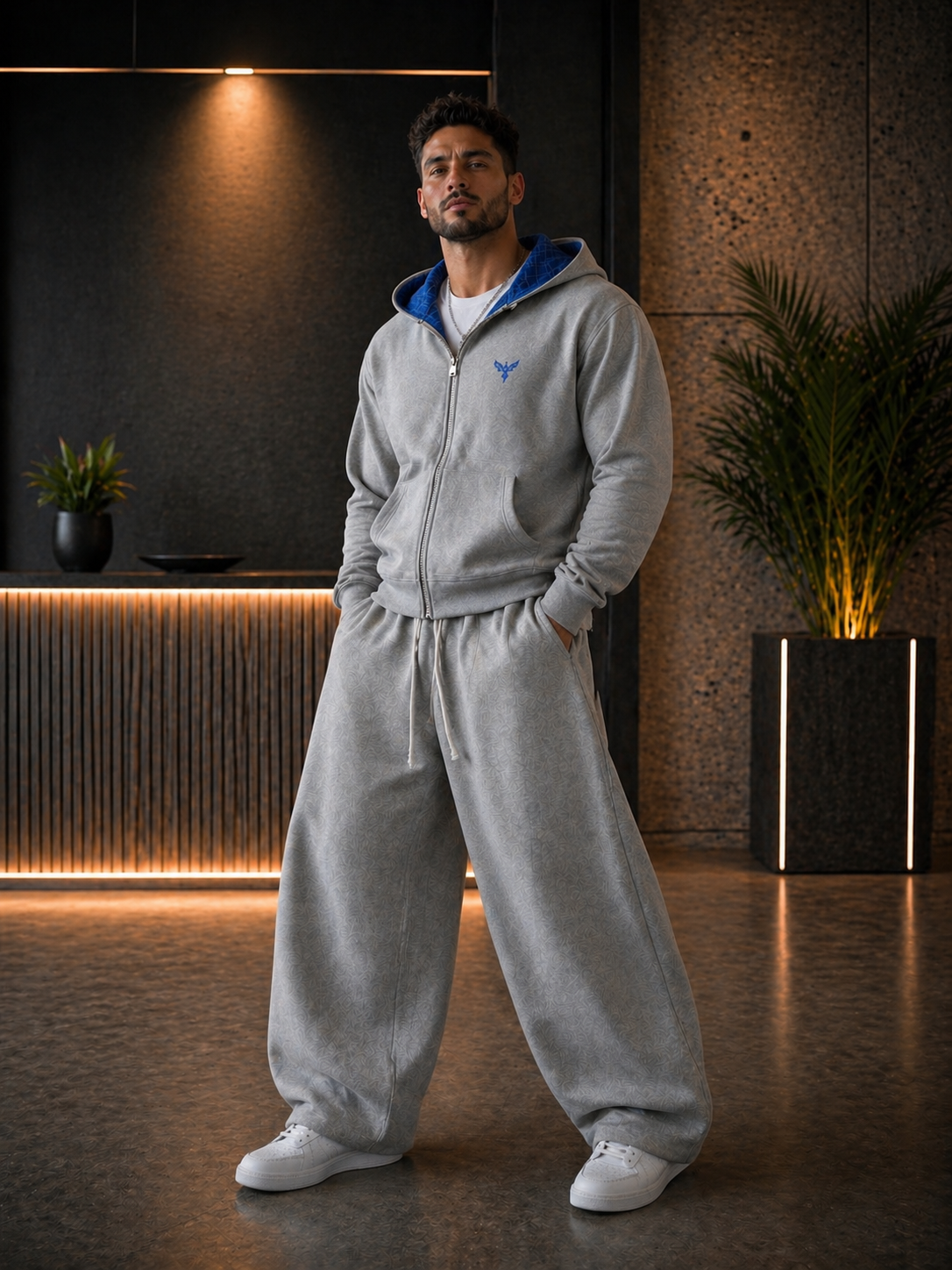 Blue Contrast Plaid Boxy Zip Hoodie
