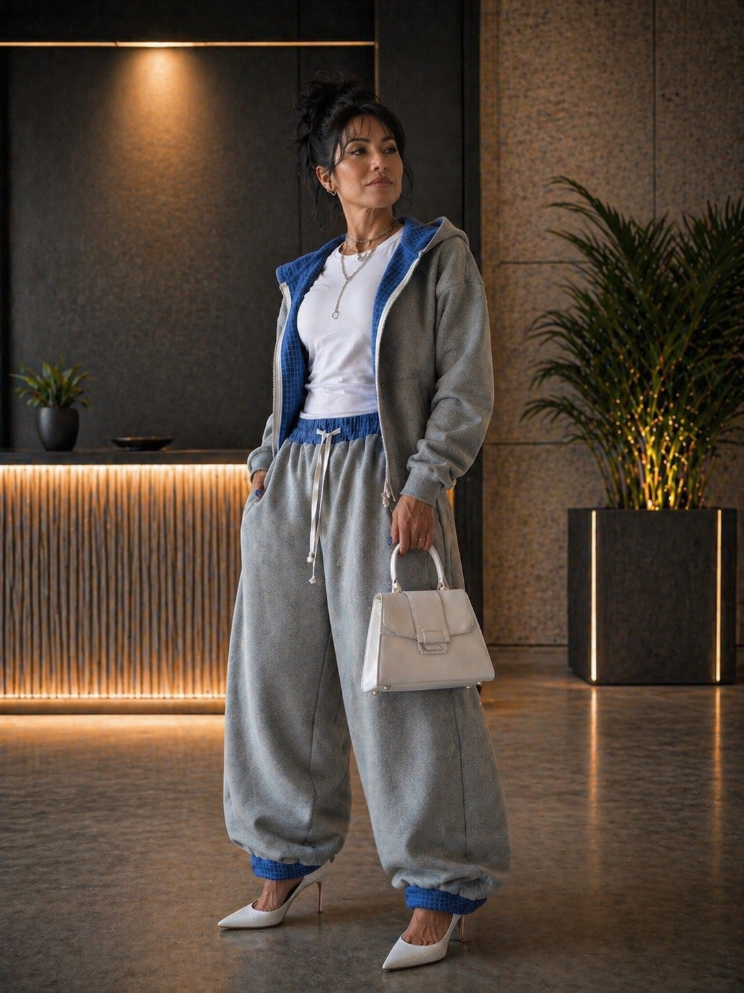 Blue Contrast Plaid Boxy Zip Hoodie