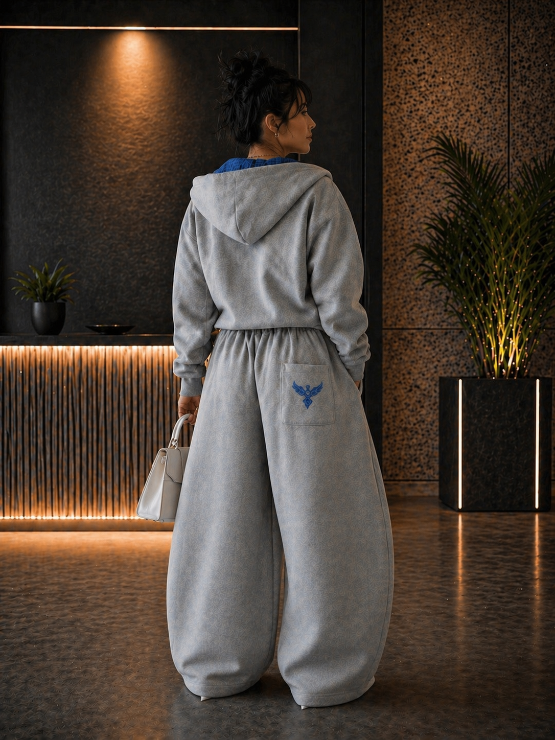 Blue Contrast Plaid Boxy Zip Hoodie